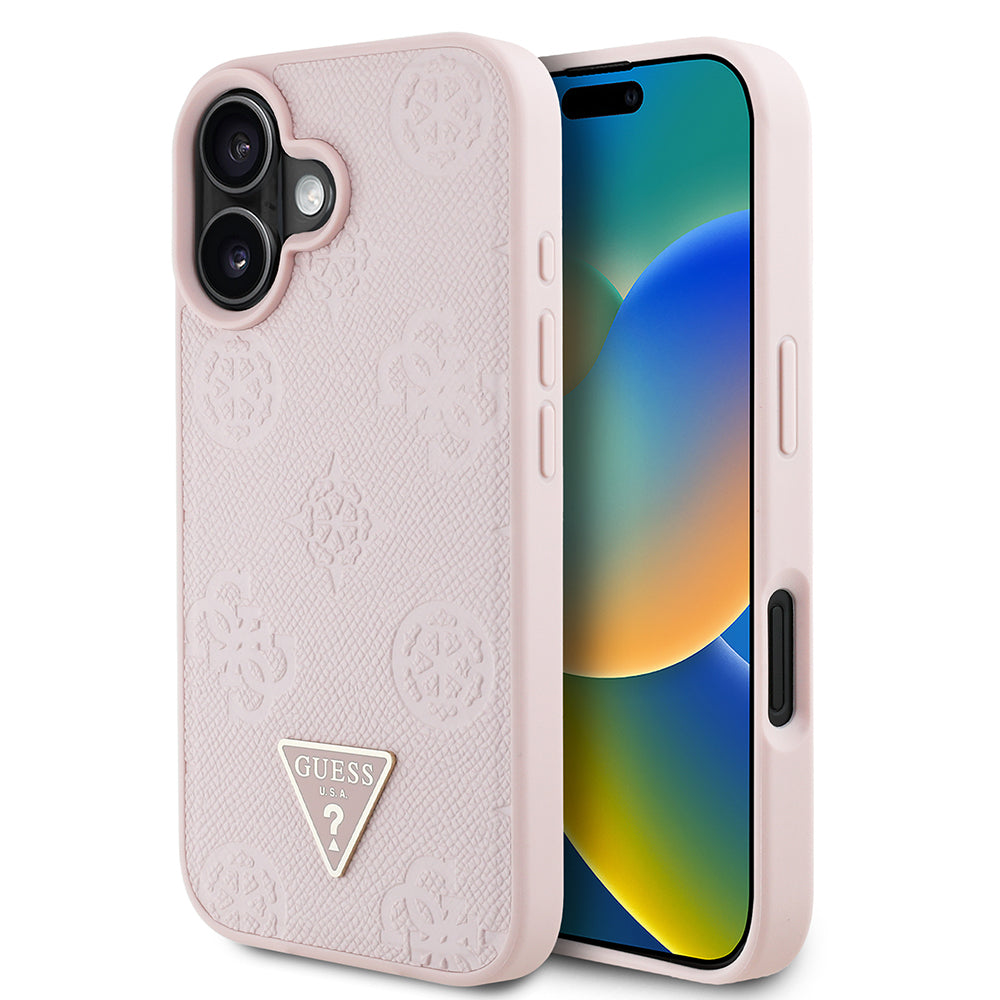 Apple iPhone 16 Case Guess Original Licensed M-Safe Charging Feature Hot Printed Triangle Logo PU Leather Peony Cover Black