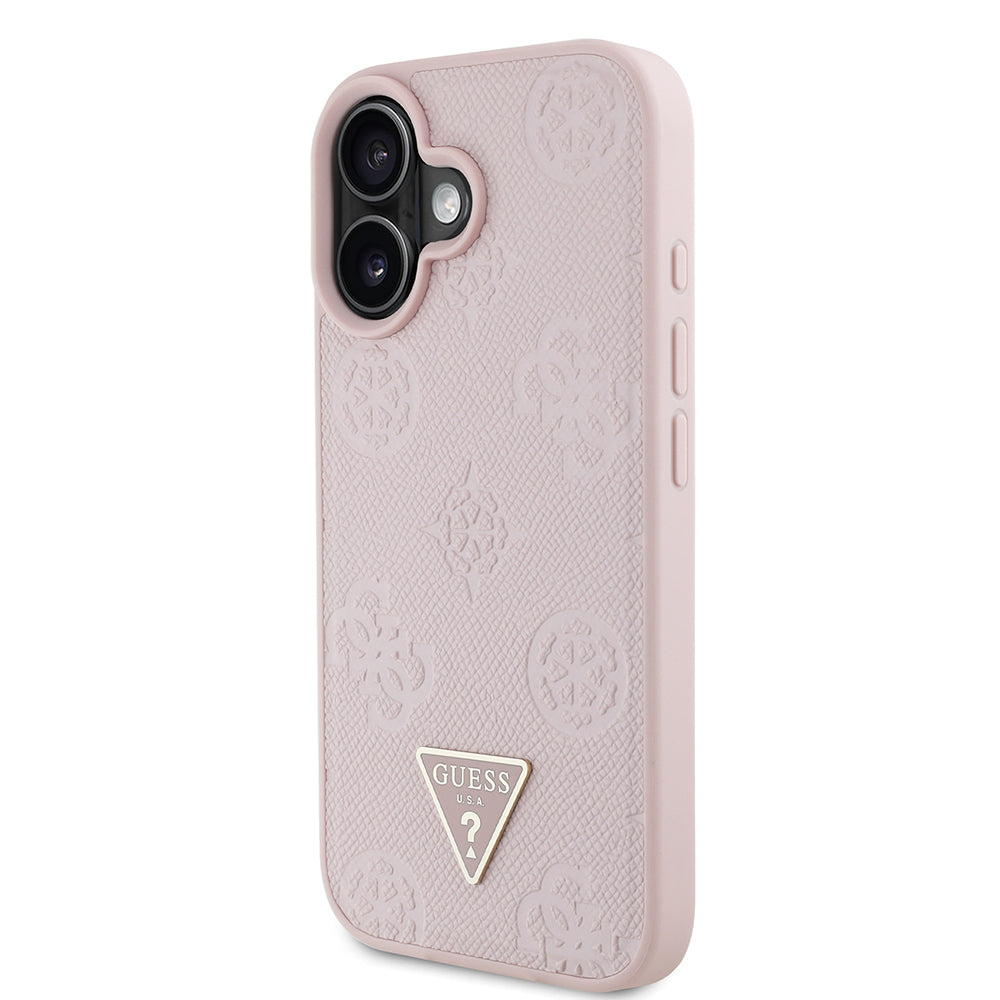 Apple iPhone 16 Case Guess Original Licensed M-Safe Charging Feature Hot Printed Triangle Logo PU Leather Peony Cover Black