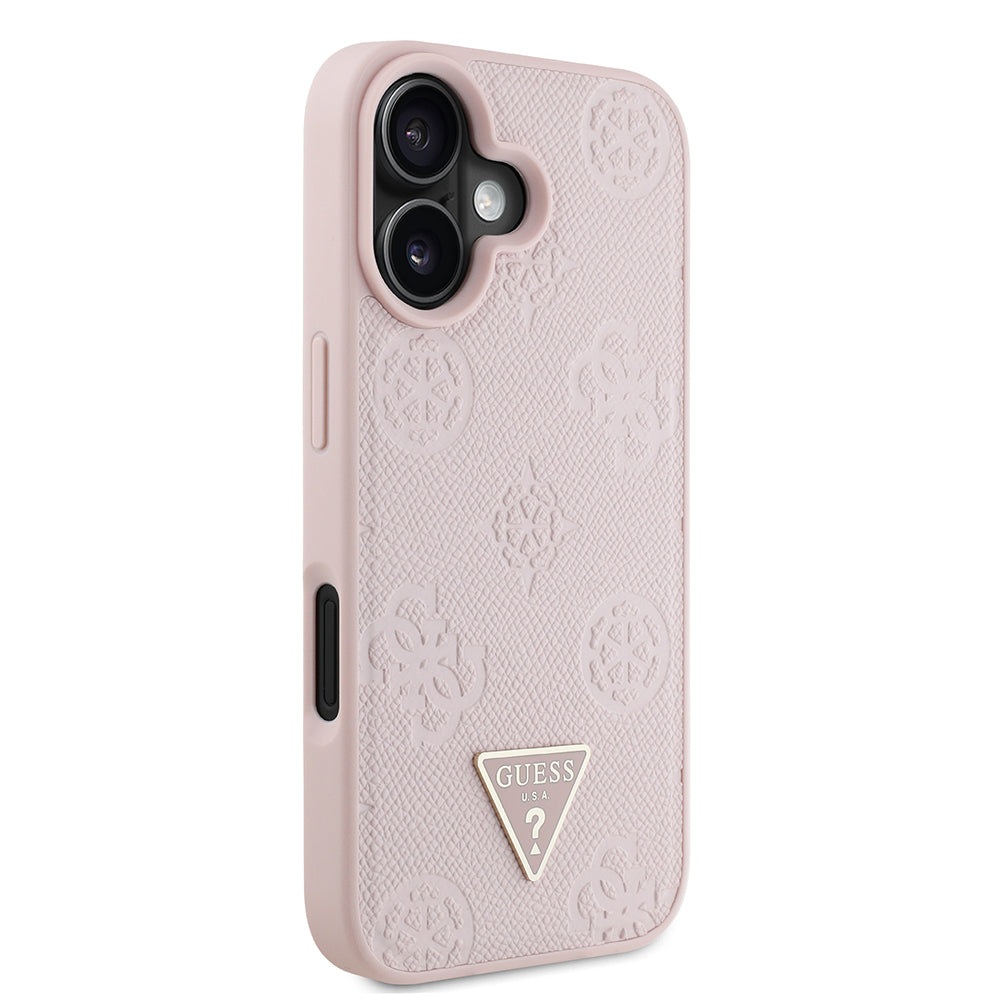 Apple iPhone 16 Case Guess Original Licensed M-Safe Charging Feature Hot Printed Triangle Logo PU Leather Peony Cover Black