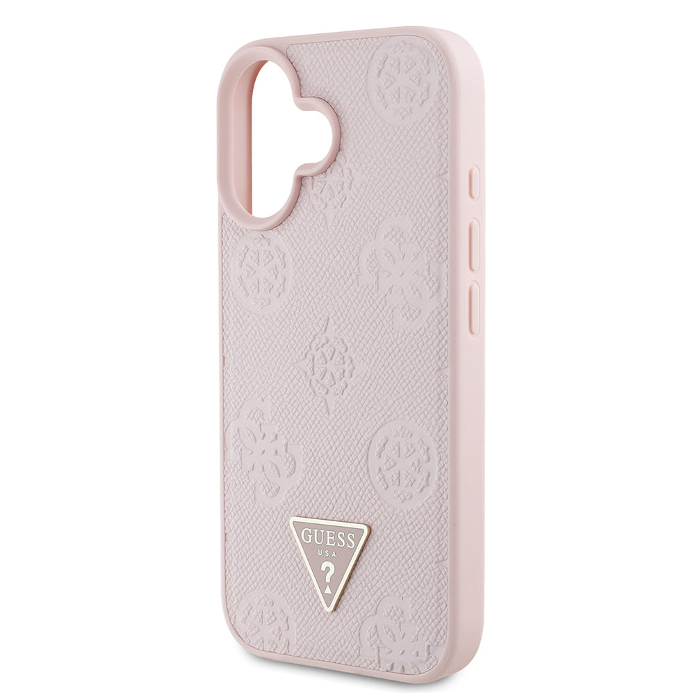 Apple iPhone 16 Case Guess Original Licensed M-Safe Charging Feature Hot Printed Triangle Logo PU Leather Peony Cover Black