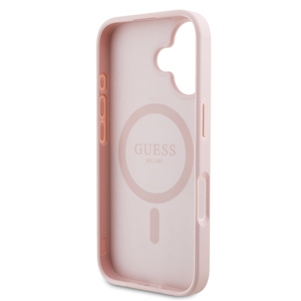 Apple iPhone 16 Case Guess Original Licensed M-Safe Charging Feature Hot Printed Triangle Logo PU Leather Peony Cover Black