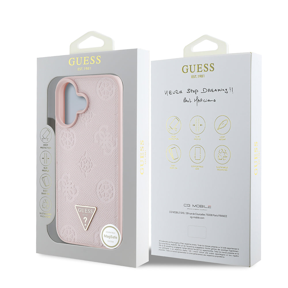 Apple iPhone 16 Case Guess Original Licensed M-Safe Charging Feature Hot Printed Triangle Logo PU Leather Peony Cover Black