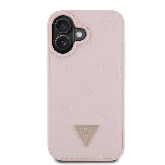 Apple iPhone 16 Case Guess Original Licensed M-Safe Charging Feature Hot Printed Triangle Logo PU Leather Peony Cover Pink