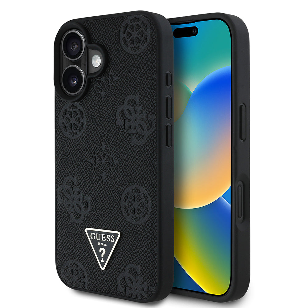 Apple iPhone 16 Case Guess Original Licensed M-Safe Charging Feature Hot Printed Triangle Logo PU Leather Peony Cover Black