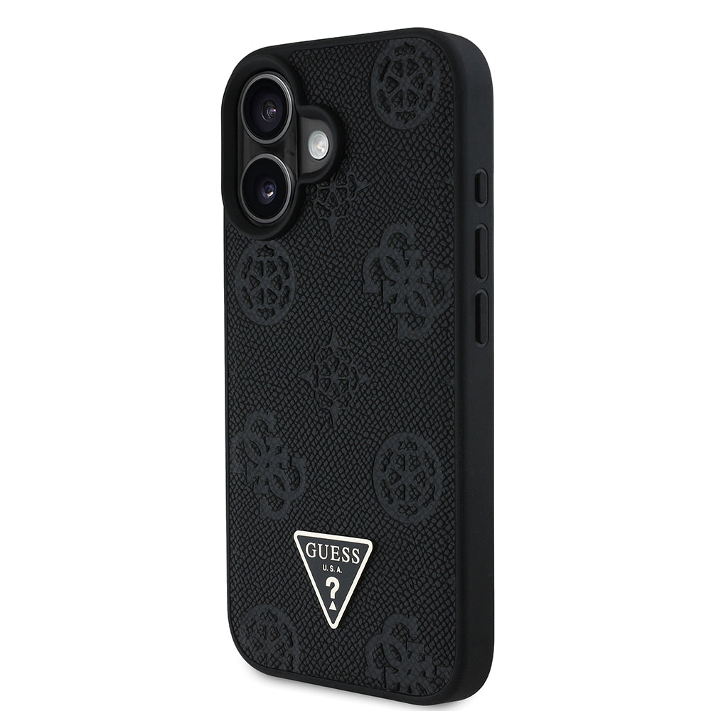 Apple iPhone 16 Case Guess Original Licensed M-Safe Charging Feature Hot Printed Triangle Logo PU Leather Peony Cover Black