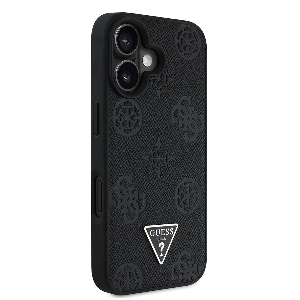 Apple iPhone 16 Case Guess Original Licensed M-Safe Charging Feature Hot Printed Triangle Logo PU Leather Peony Cover Black