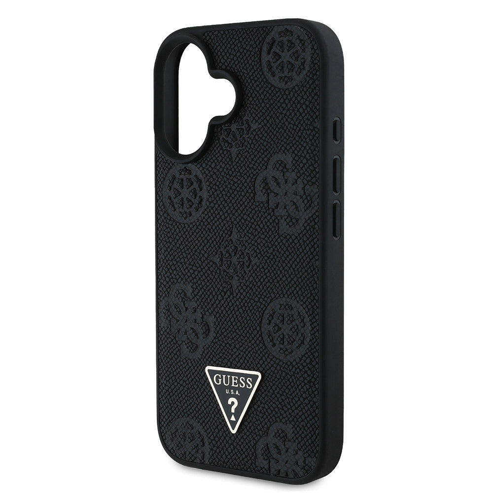 Apple iPhone 16 Case Guess Original Licensed M-Safe Charging Feature Hot Printed Triangle Logo PU Leather Peony Cover Black