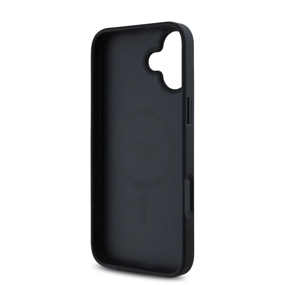 Apple iPhone 16 Case Guess Original Licensed M-Safe Charging Feature Hot Printed Triangle Logo PU Leather Peony Cover Black