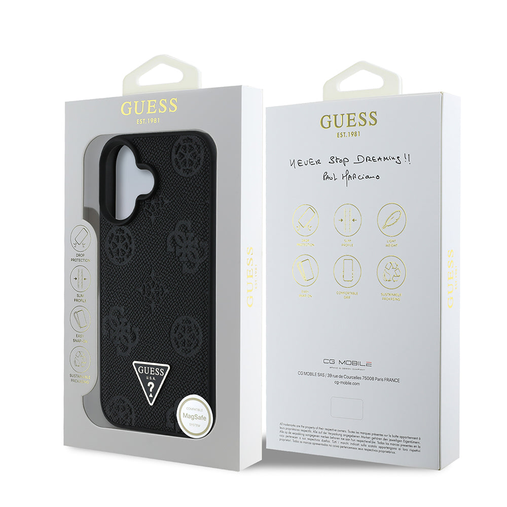 Apple iPhone 16 Case Guess Original Licensed M-Safe Charging Feature Hot Printed Triangle Logo PU Leather Peony Cover Black