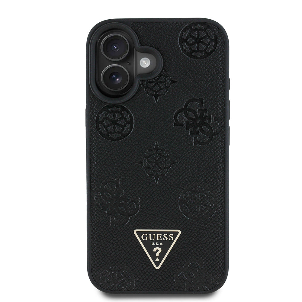 Apple iPhone 16 Case Guess Original Licensed M-Safe Charging Feature Hot Printed Triangle Logo PU Leather Peony Cover Black
