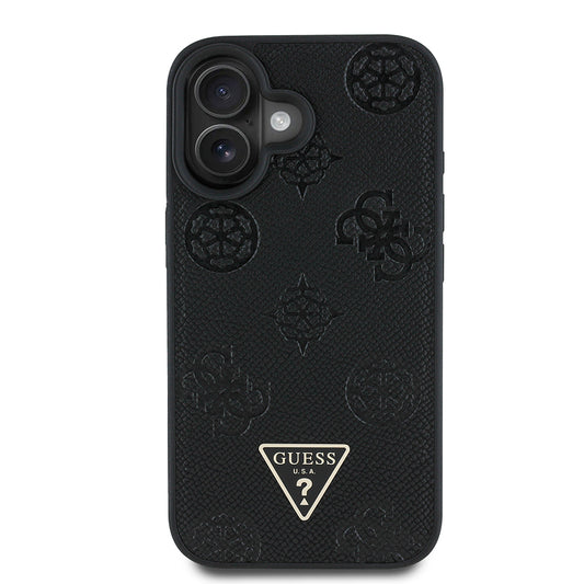 Apple iPhone 16 Case Guess Original Licensed M-Safe Charging Feature Hot Printed Triangle Logo PU Leather Peony Cover Black
