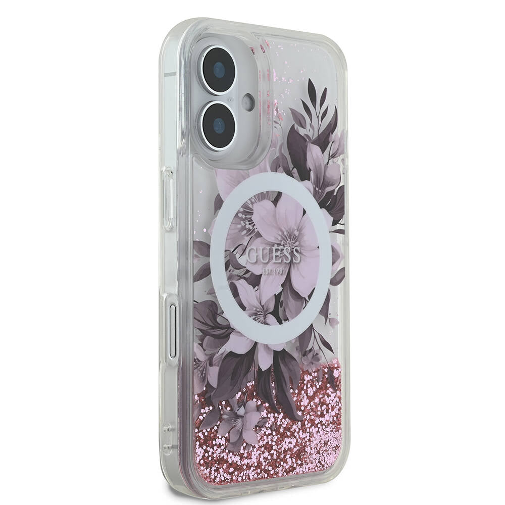 Apple iPhone 16 Case Guess Original Licensed M-safe Charging Liquid Glitter Flower Patterned Cover Green