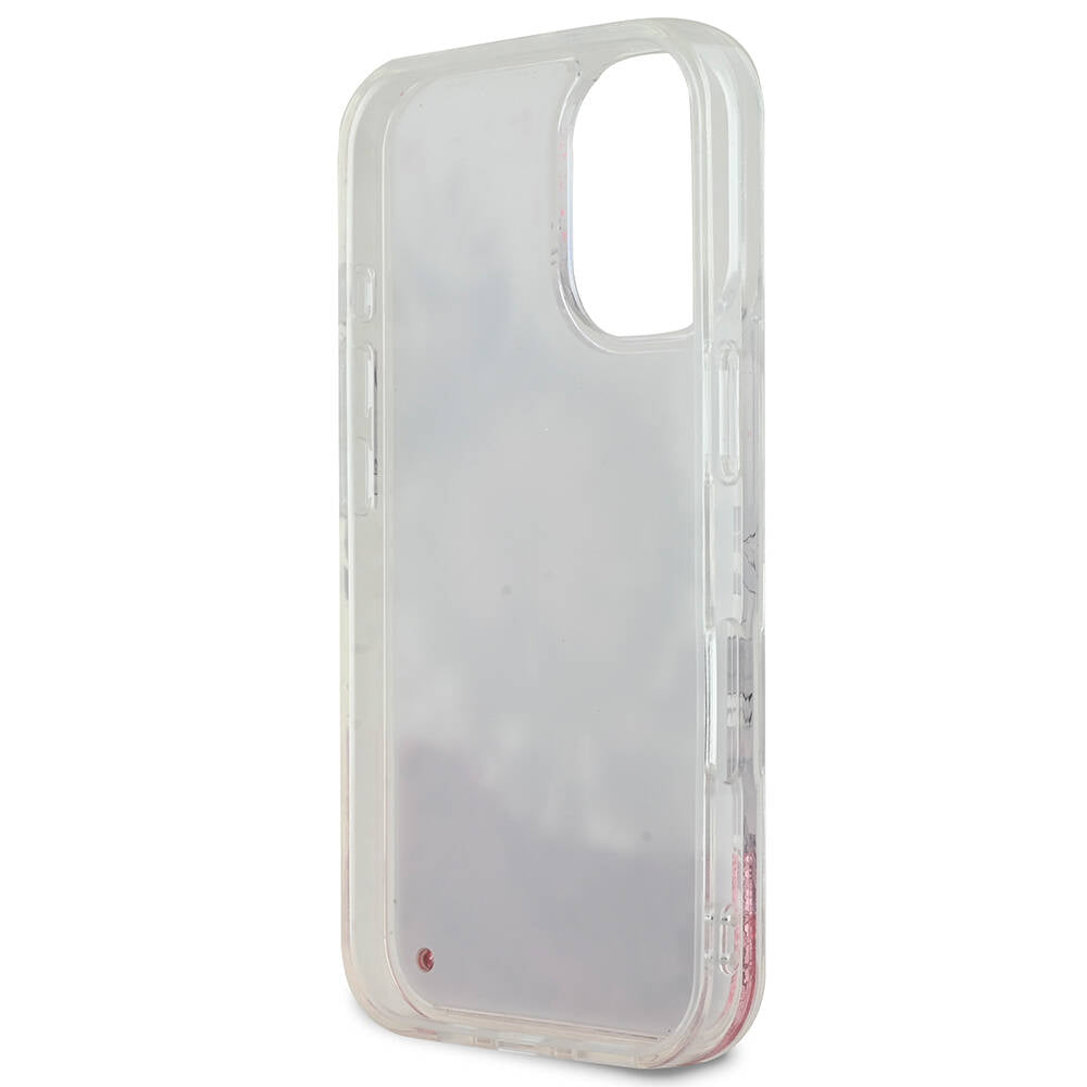 Apple iPhone 16 Case Guess Original Licensed M-safe Charging Liquid Glitter Flower Patterned Cover Pink