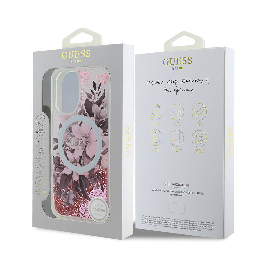 Apple iPhone 16 Case Guess Original Licensed M-safe Charging Liquid Glitter Flower Patterned Cover Pink