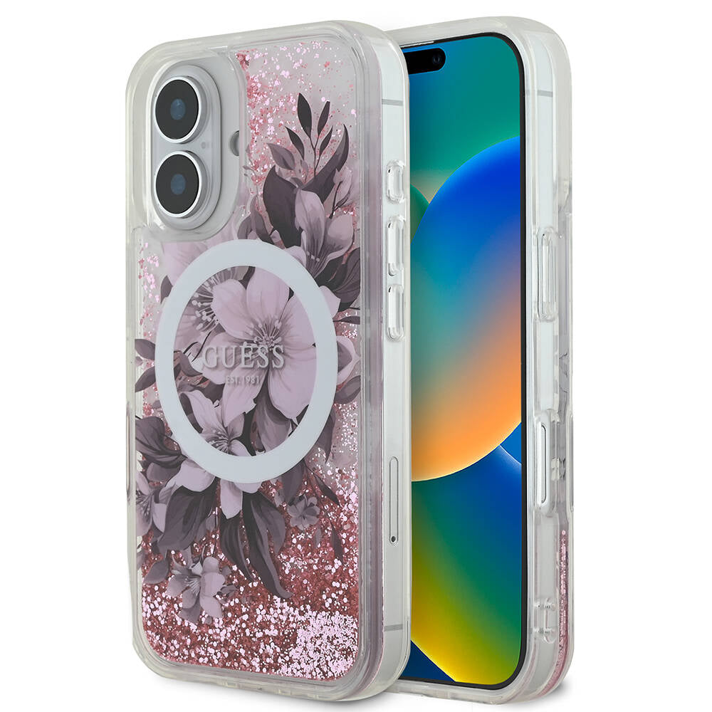 Apple iPhone 16 Case Guess Original Licensed M-safe Charging Feature Liquid Glitter Flower Patterned Cover Purple
