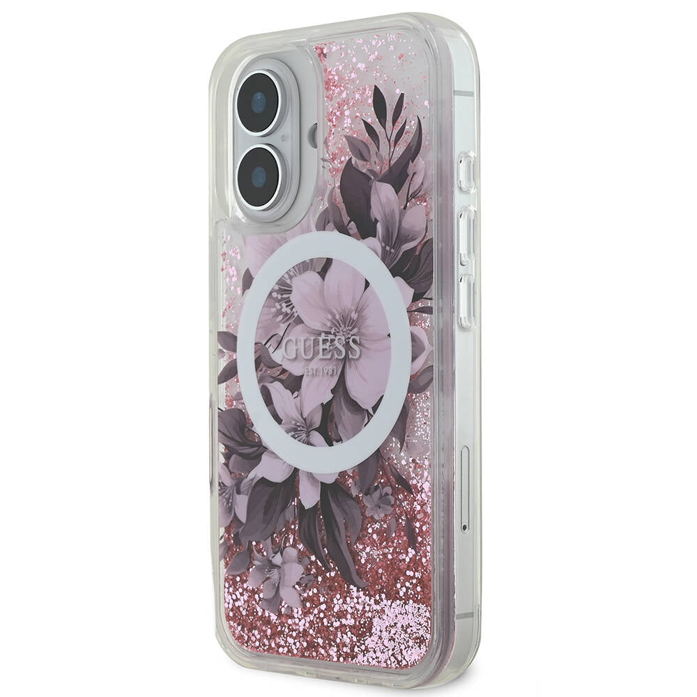 Apple iPhone 16 Case Guess Original Licensed M-safe Charging Feature Liquid Glitter Flower Patterned Cover Purple