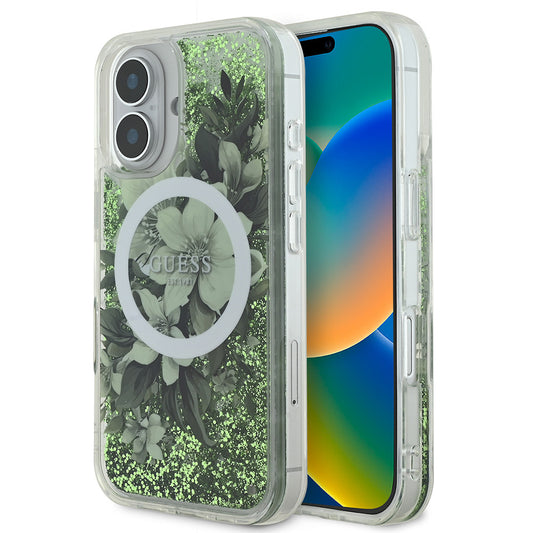 Apple iPhone 16 Case Guess Original Licensed M-safe Charging Liquid Glitter Flower Patterned Cover Green