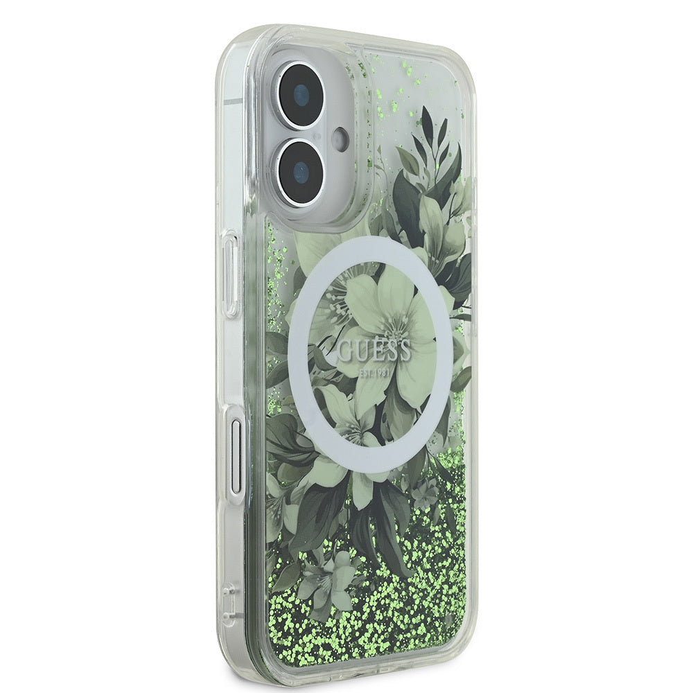 Apple iPhone 16 Case Guess Original Licensed M-safe Charging Feature Liquid Glitter Flower Patterned Cover Purple