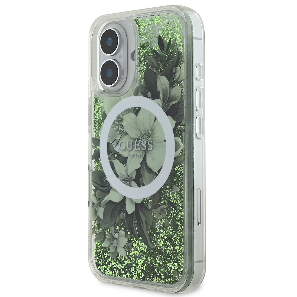 Apple iPhone 16 Case Guess Original Licensed M-safe Charging Liquid Glitter Flower Patterned Cover Pink