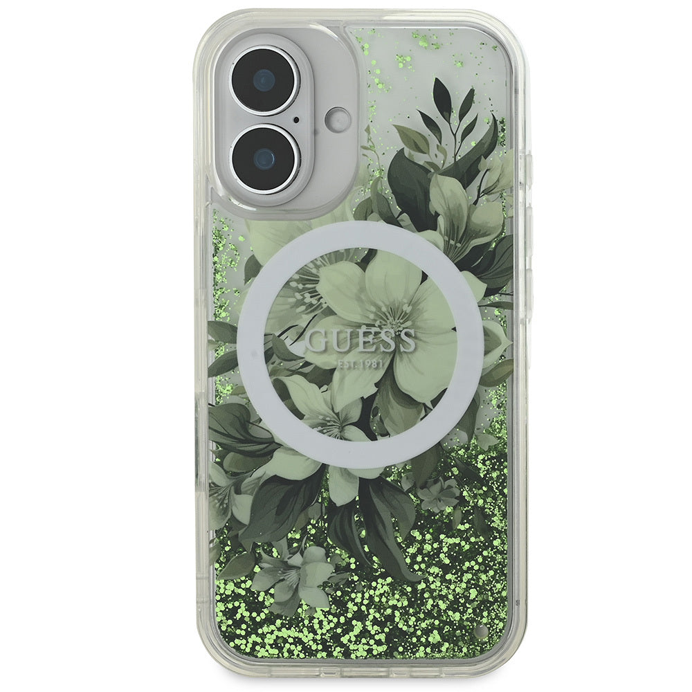 Apple iPhone 16 Case Guess Original Licensed M-safe Charging Feature Liquid Glitter Flower Patterned Cover Purple