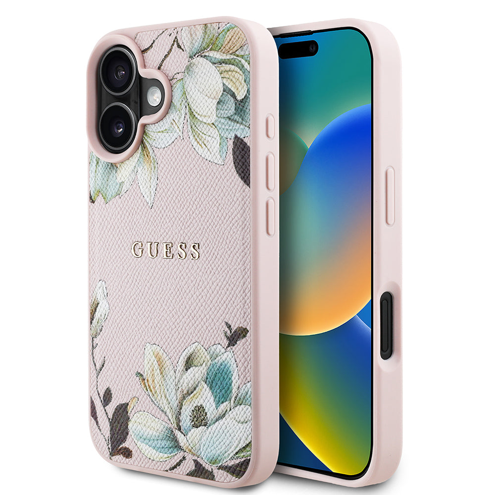 Apple iPhone 16 Case Guess Original Licensed M-safe Charging Feature Grained Flower Design Metal Lettering Logo Cover Pink