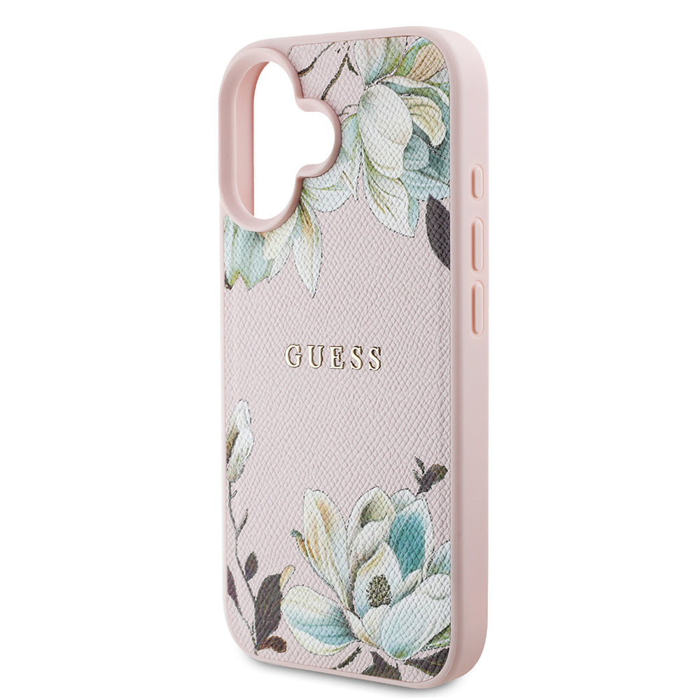 Apple iPhone 16 Case Guess Original Licensed M-safe Charging Feature Grained Flower Design Metal Lettering Logo Cover Pink