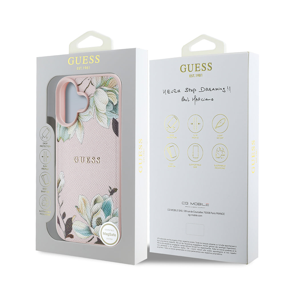 Apple iPhone 16 Case Guess Original Licensed M-safe Charging Feature Grained Flower Design Metal Lettering Logo Cover Pink