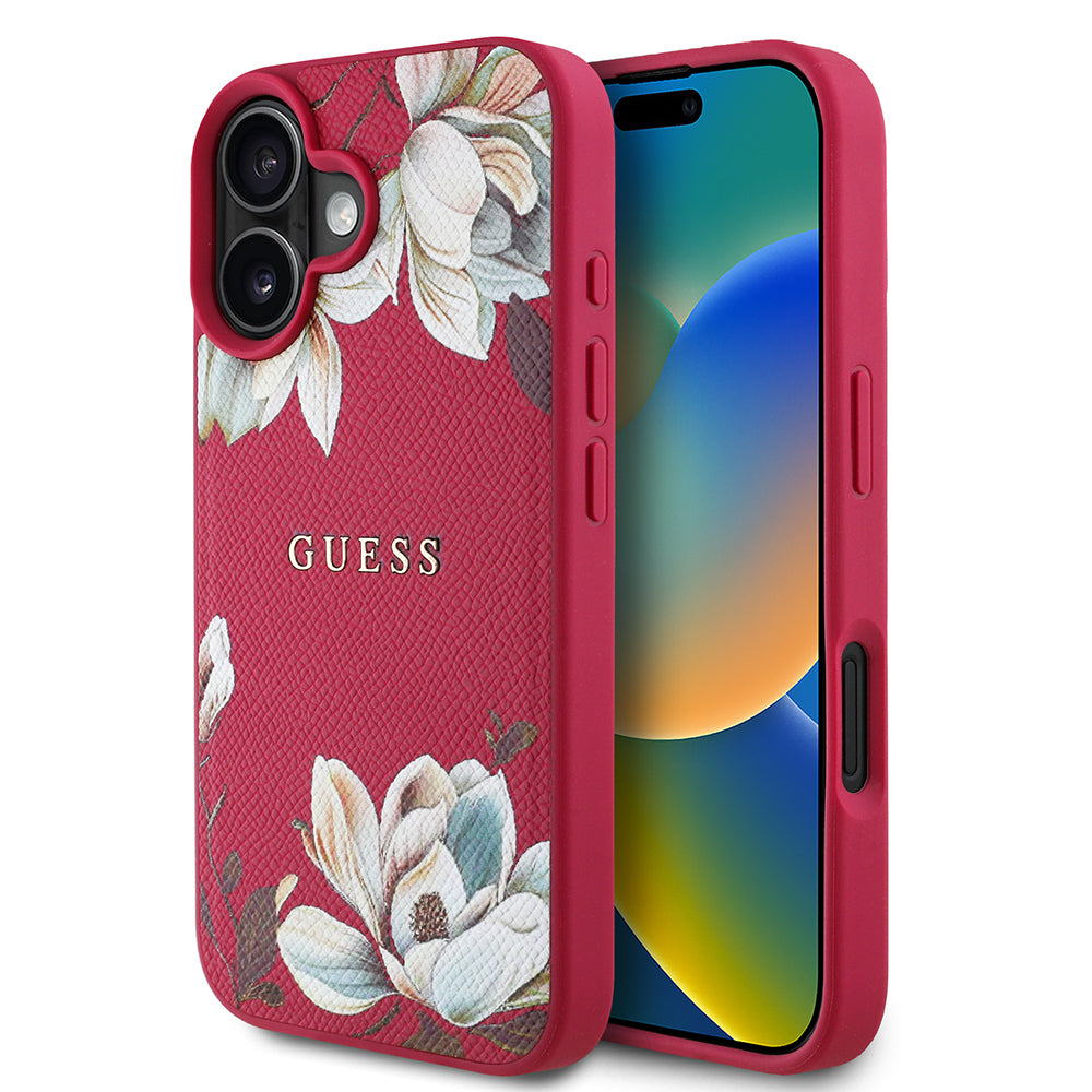 Apple iPhone 16 Case Guess Original Licensed M-safe Charging Feature Grained Flower Design Metal Lettering Logo Cover Pink