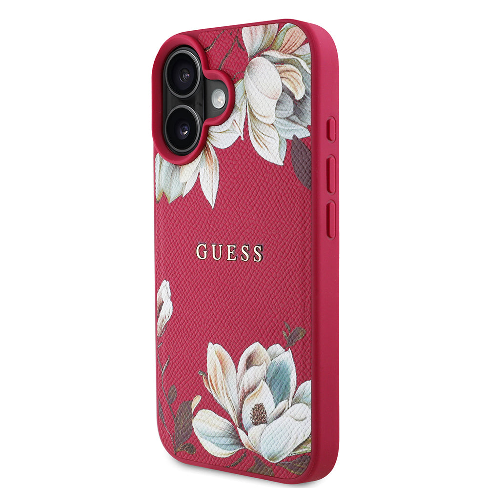 Apple iPhone 16 Case Guess Original Licensed M-safe Charging Feature Grained Flower Design Metal Lettering Logo Cover Red