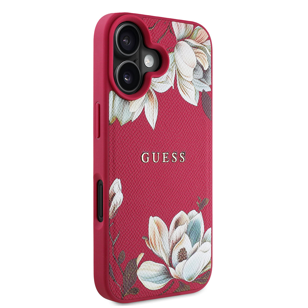 Apple iPhone 16 Case Guess Original Licensed M-safe Charging Feature Grained Flower Design Metal Lettering Logo Cover Red
