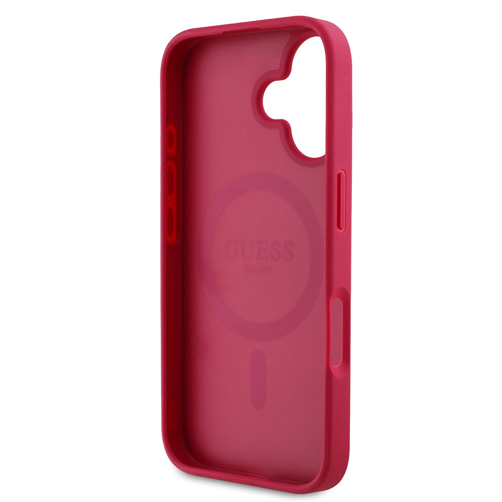 Apple iPhone 16 Case Guess Original Licensed M-safe Charging Feature Grained Flower Design Metal Lettering Logo Cover Pink