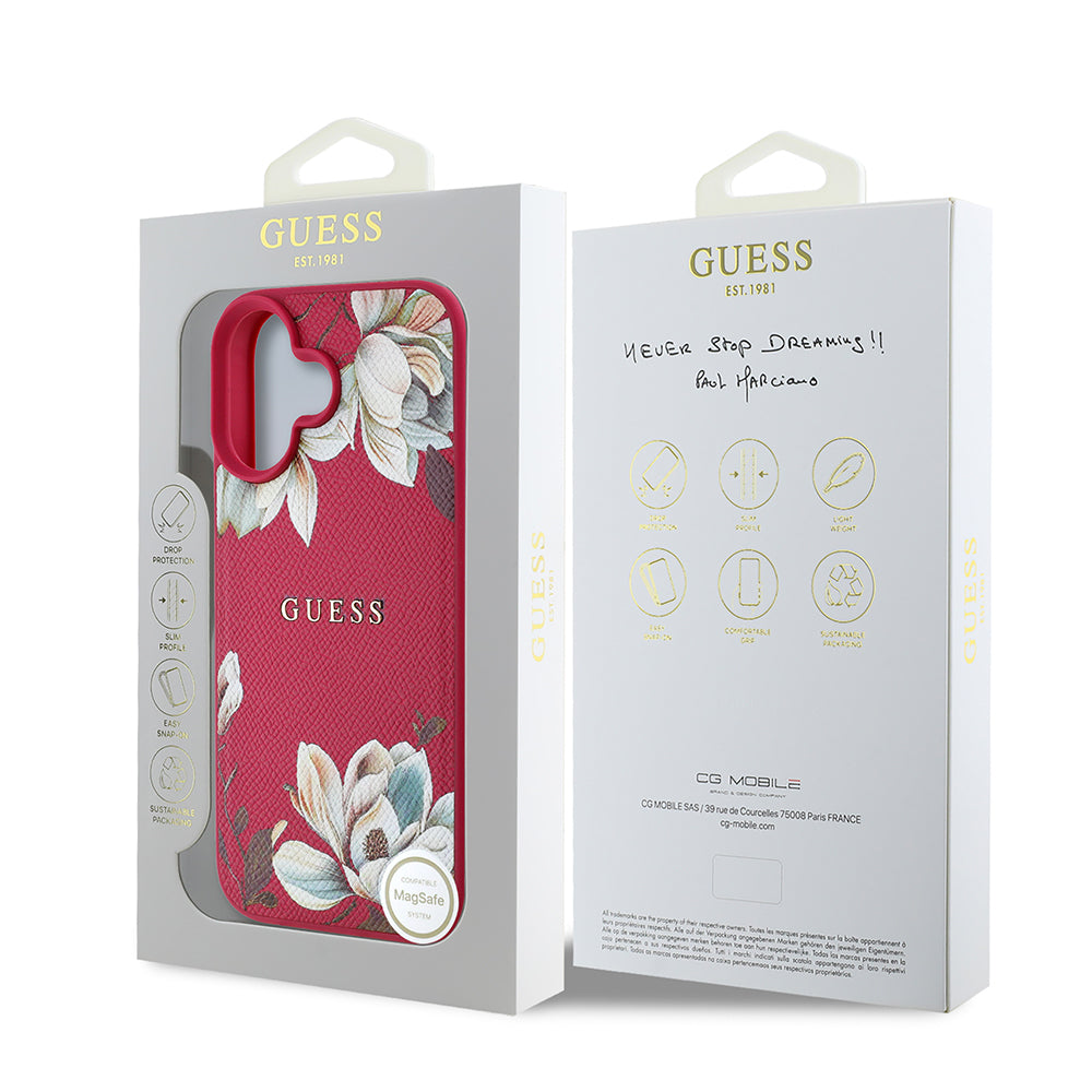 Apple iPhone 16 Case Guess Original Licensed M-safe Charging Feature Grained Flower Design Metal Lettering Logo Cover Pink