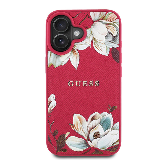 Apple iPhone 16 Case Guess Original Licensed M-safe Charging Feature Grained Flower Design Metal Lettering Logo Cover Red