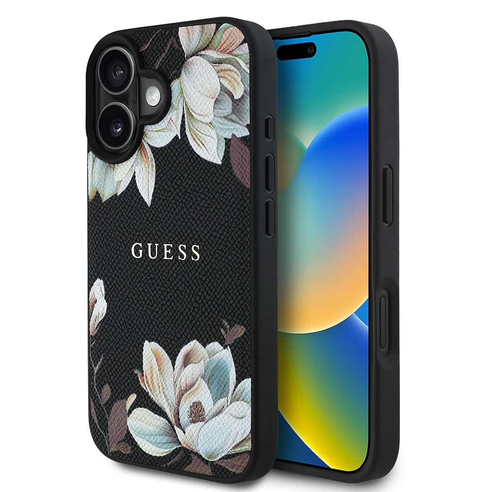 Apple iPhone 16 Case Guess Original Licensed M-safe Charging Feature Grained Flower Design Metal Lettering Logo Cover Pink
