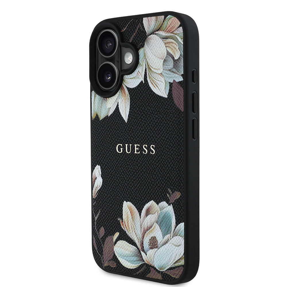 Apple iPhone 16 Case Guess Original Licensed M-safe Charging Feature Grained Flower Design Metal Lettering Logo Cover Pink