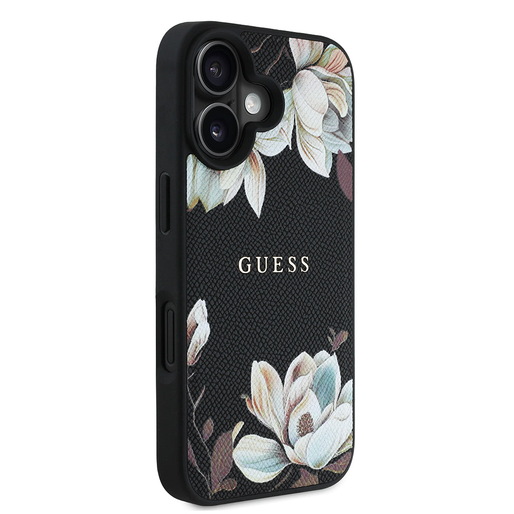 Apple iPhone 16 Case Guess Original Licensed M-safe Charging Feature Grained Flower Design Metal Lettering Logo Cover Red