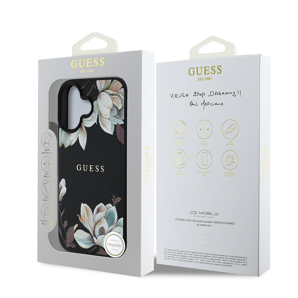 Apple iPhone 16 Case Guess Original Licensed M-safe Charging Feature Grained Flower Design Metal Lettering Logo Cover Pink