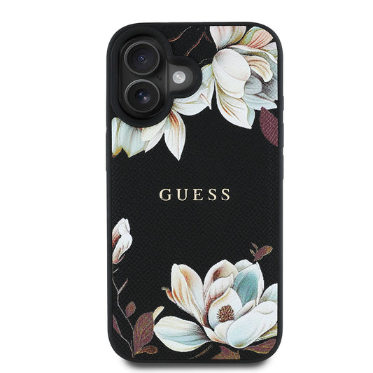 Apple iPhone 16 Case Guess Original Licensed M-safe Charging Feature Grained Flower Design Metal Lettering Logo Cover Black