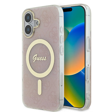 Apple iPhone 16 Case Guess Original Licensed M-safe Charging Feature 4G Patterned Cover with Text Logo Pink