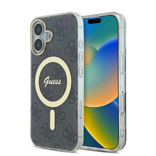 Apple iPhone 16 Case Guess Original Licensed M-safe Charging Feature 4G Patterned Cover with Text Logo Black