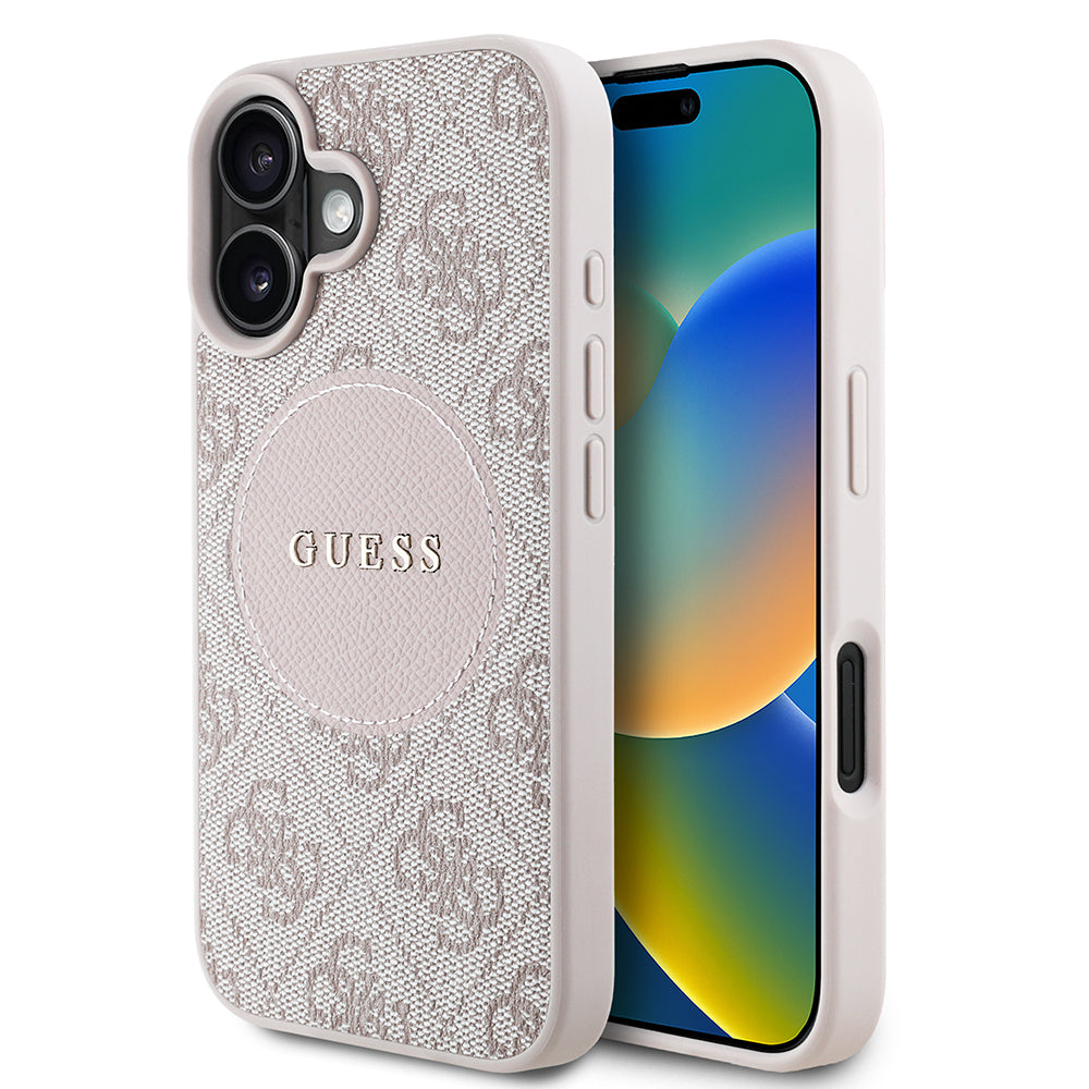 Apple iPhone 16 Case Guess Original Licensed M-safe Charging Feature Circle Classic Cover Pink with Text Logo