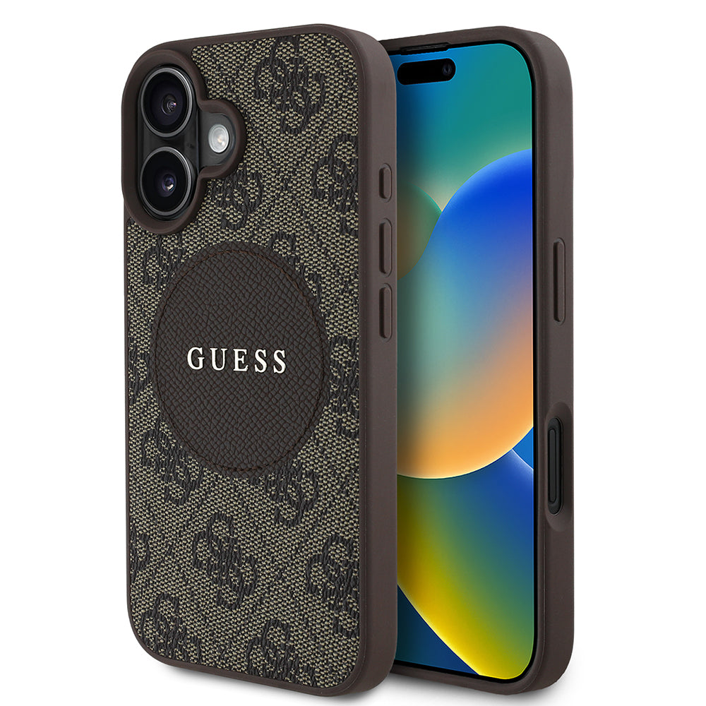 Apple iPhone 16 Case Guess Original Licensed M-safe Charging Feature Circle Classic Cover Brown with Text Logo