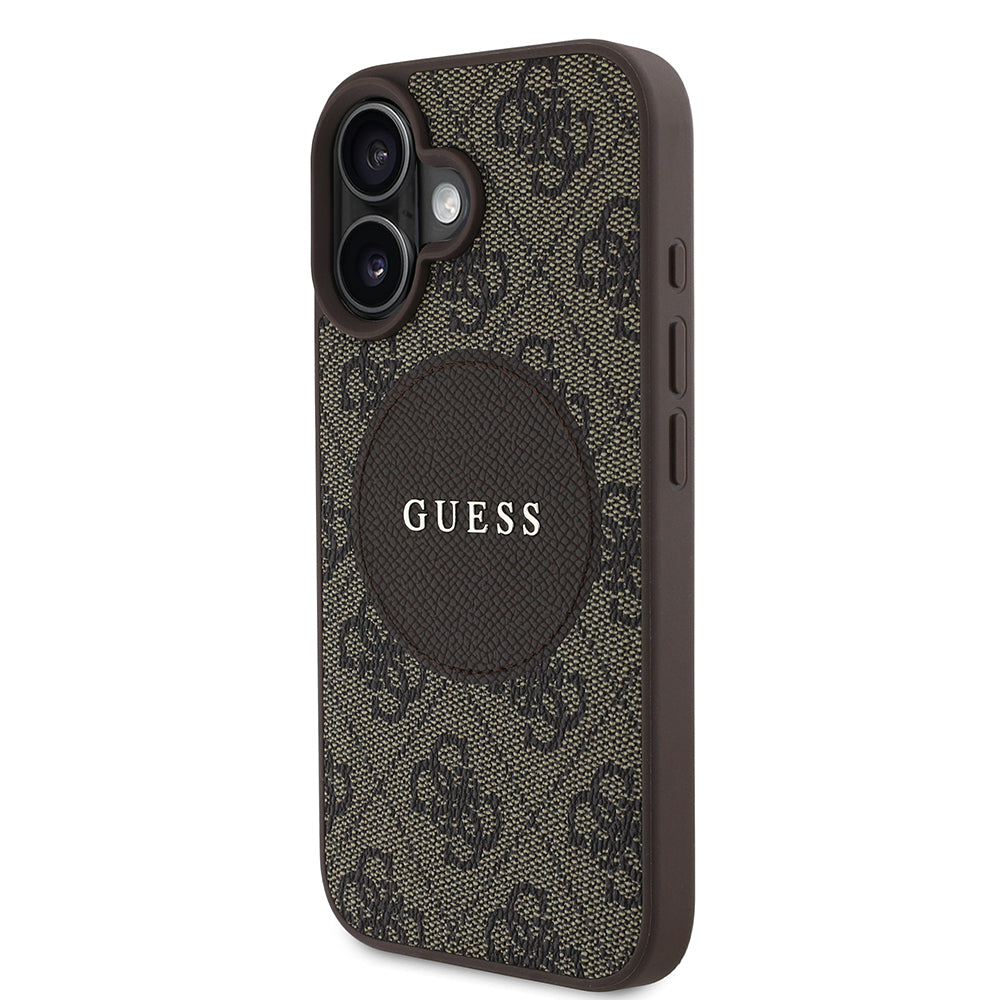 Apple iPhone 16 Case Guess Original Licensed M-safe Charging Feature Circle Classic Cover Brown with Text Logo
