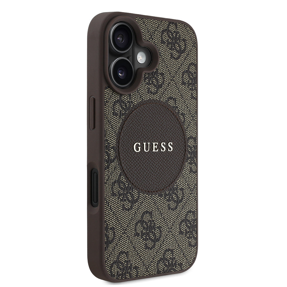 Apple iPhone 16 Case Guess Original Licensed M-safe Charging Feature Circle Classic Cover Brown with Text Logo
