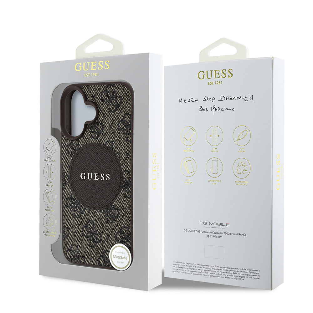 Apple iPhone 16 Case Guess Original Licensed M-safe Charging Feature Circle Classic Cover Brown with Text Logo