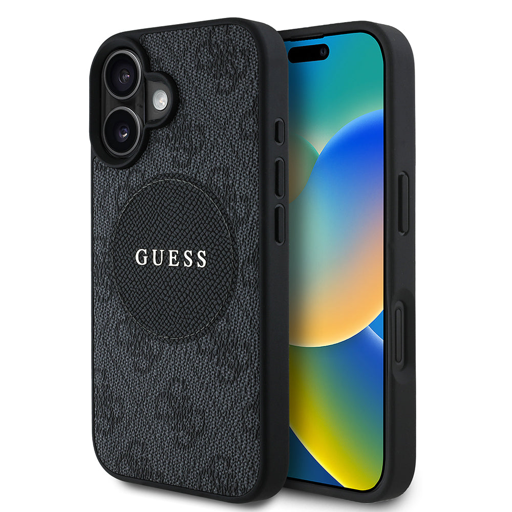 Apple iPhone 16 Case Guess Original Licensed M-safe Charging Feature Circle Classic Cover Brown with Text Logo