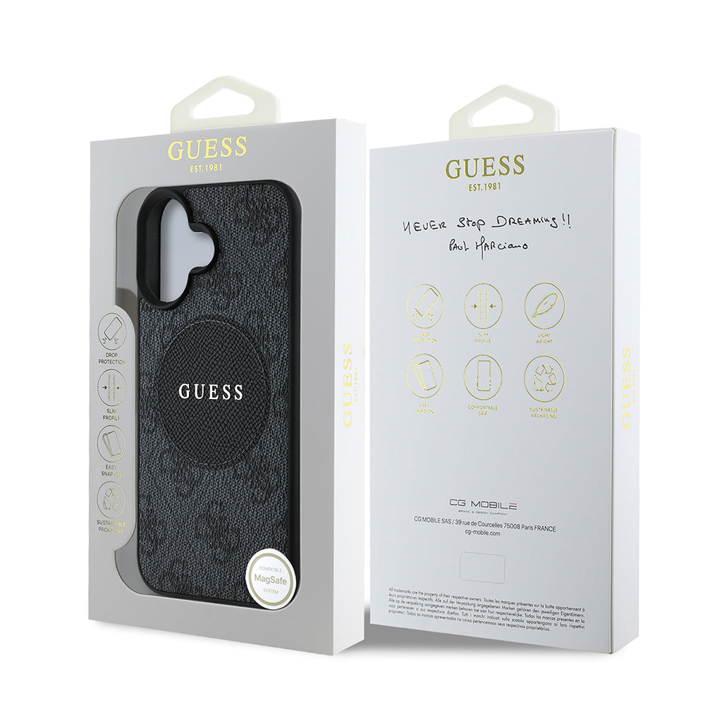 Apple iPhone 16 Case Guess Original Licensed M-safe Charging Feature Circle Classic Cover Brown with Text Logo