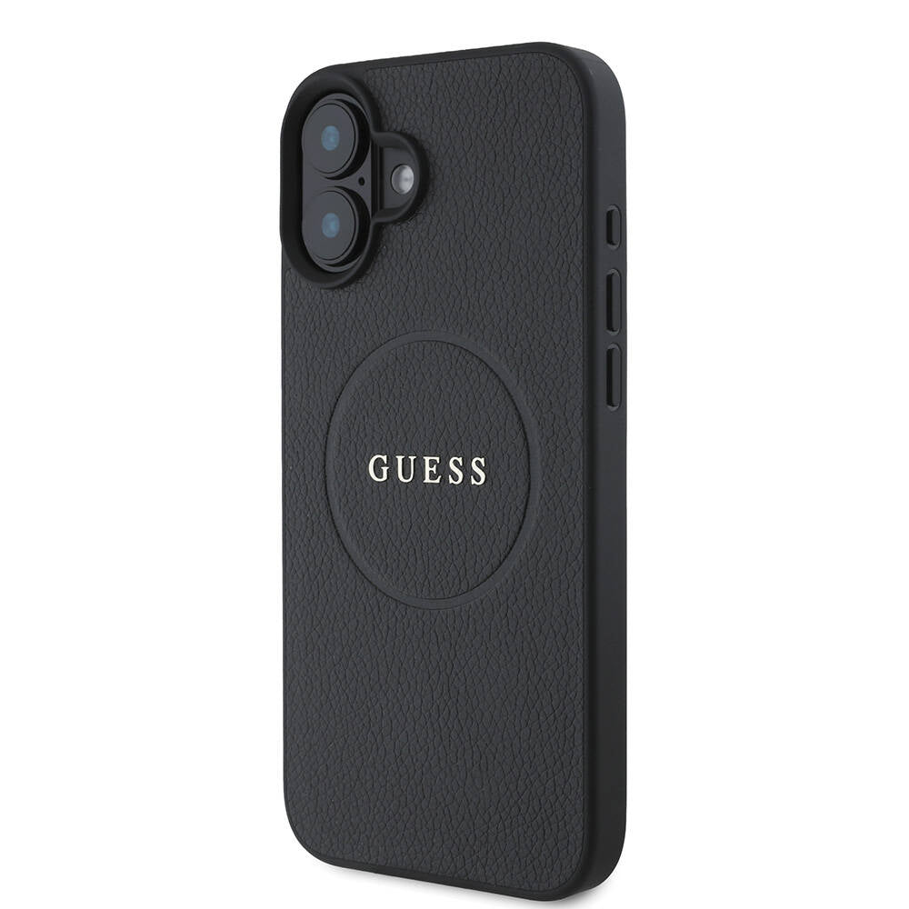 Apple iPhone 16 Case Guess Original Licensed M-safe Charging Feature Grained Cover Pink with Text Logo
