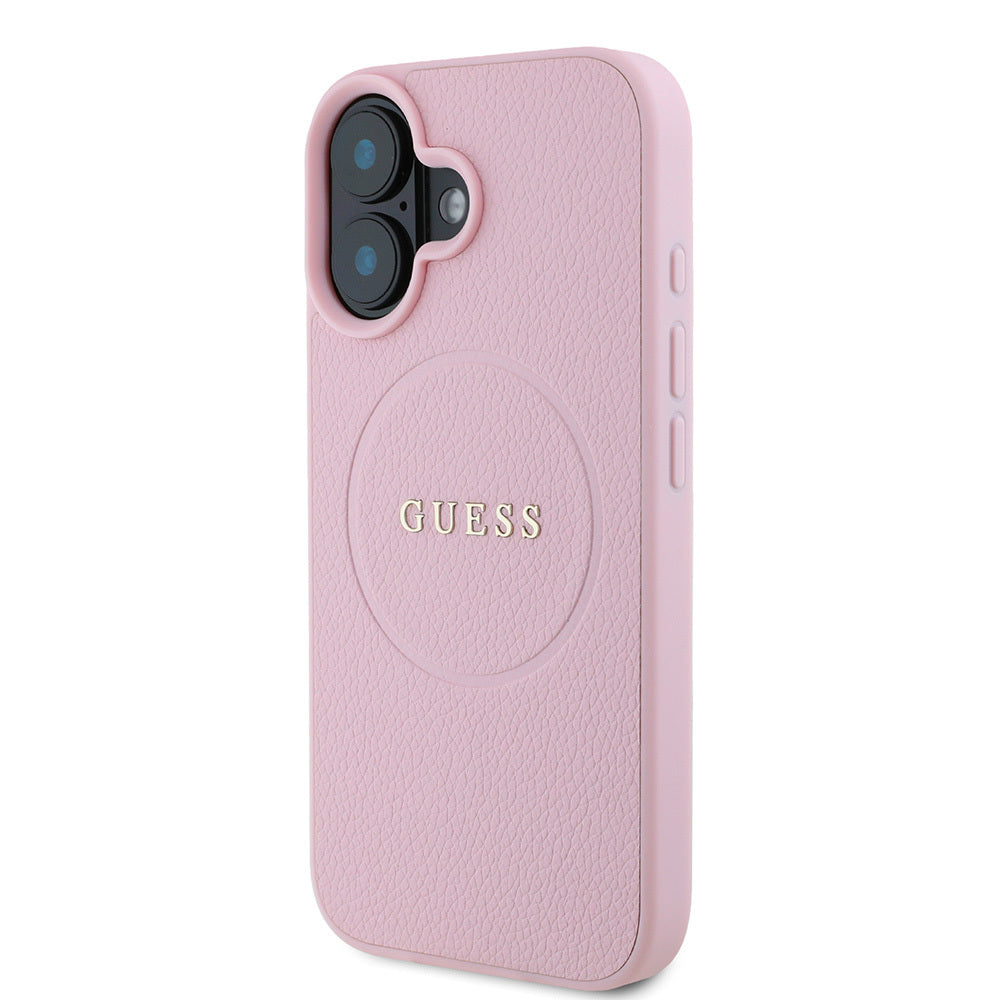 Apple iPhone 16 Case Guess Original Licensed M-safe Charging Feature Grained Cover Pink with Text Logo