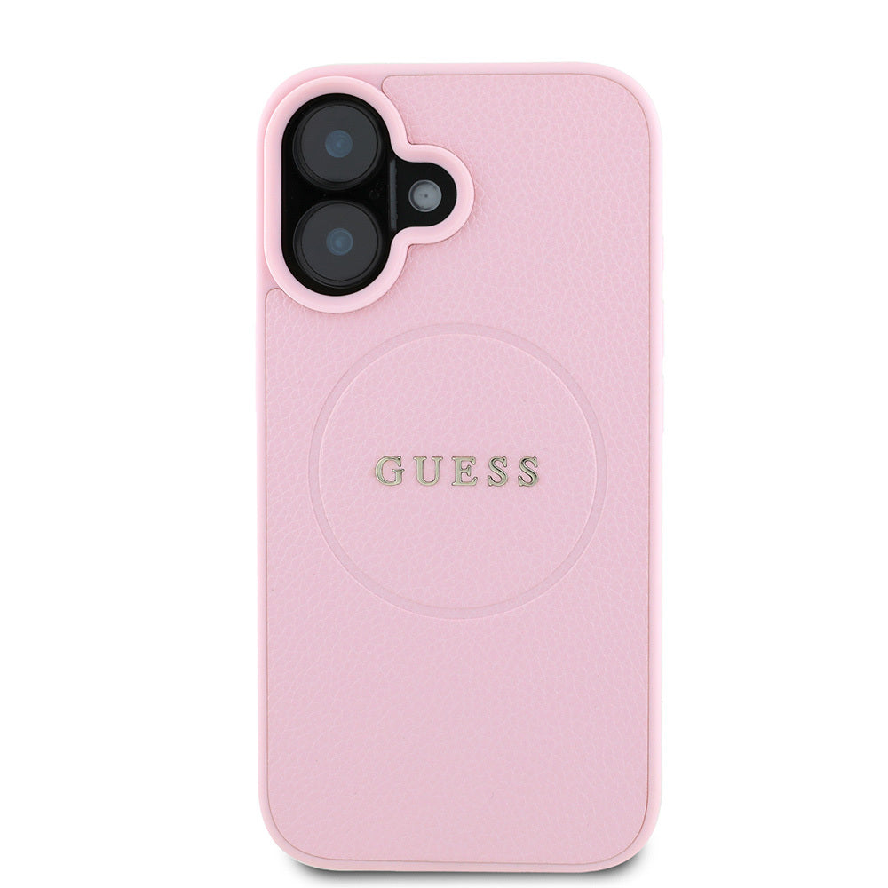 Apple iPhone 16 Case Guess Original Licensed M-safe Charging Feature Grained Cover Pink with Text Logo